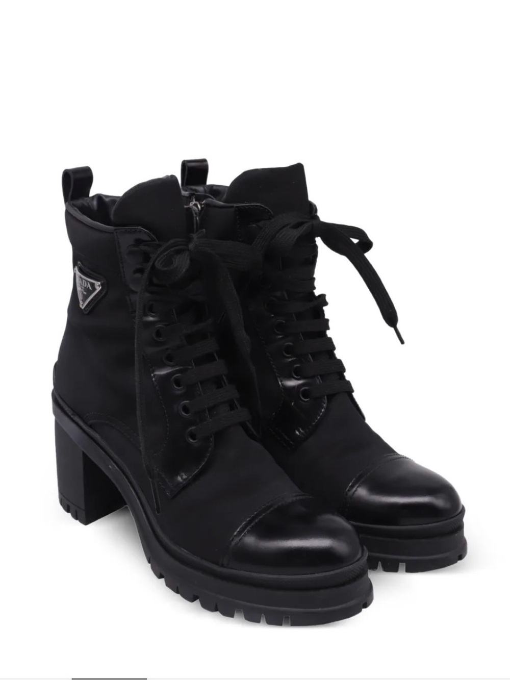 Prada Black Lace-Up Lug Heel Ankle Boots with Triangle Logo - Picture 2 of 3
